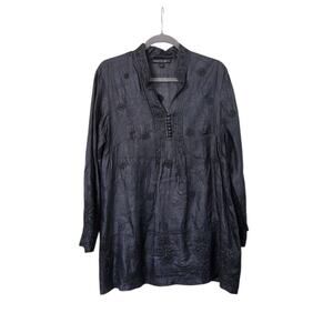 Lafayette 148 100% Silk Black Embroidered Pintuck Buttons Tunic Blouse, Size 6